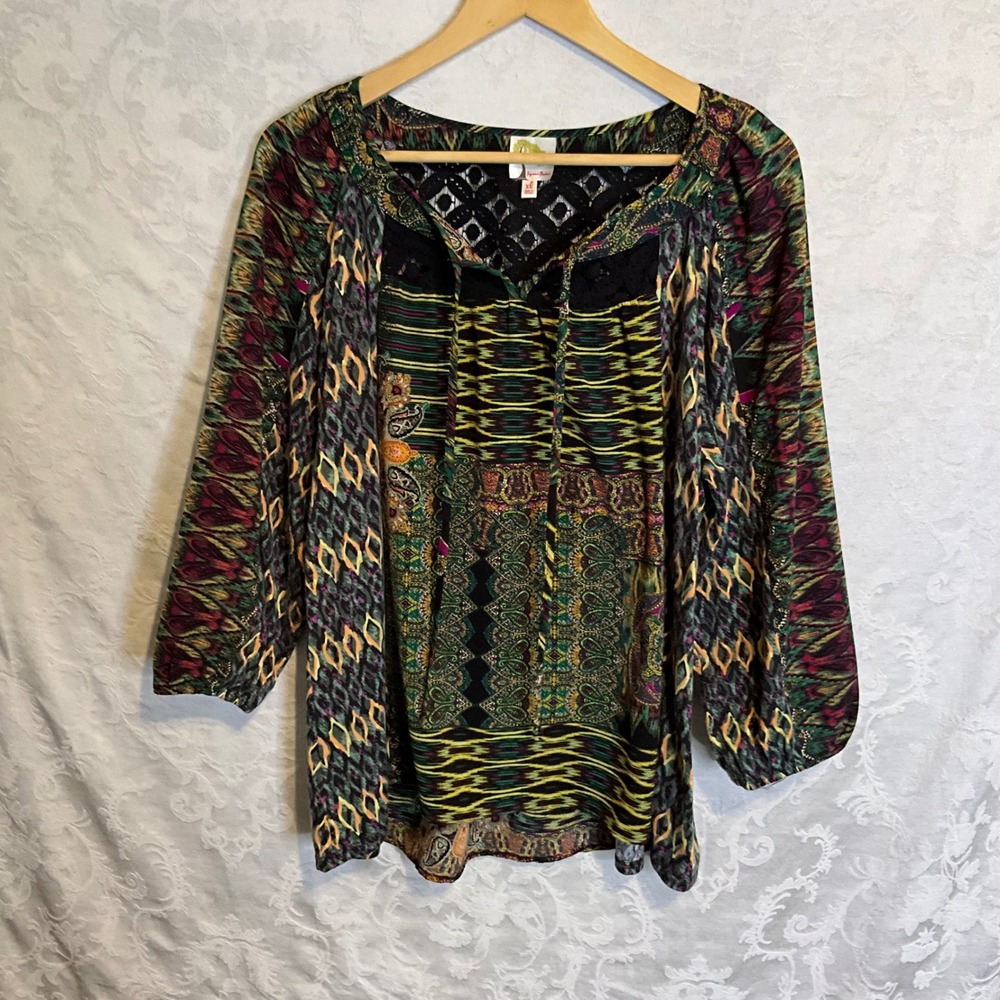Fig and Flower‎ Boho Patchwork Peasant Blouse Shirt Women's XL Black Lace Trim